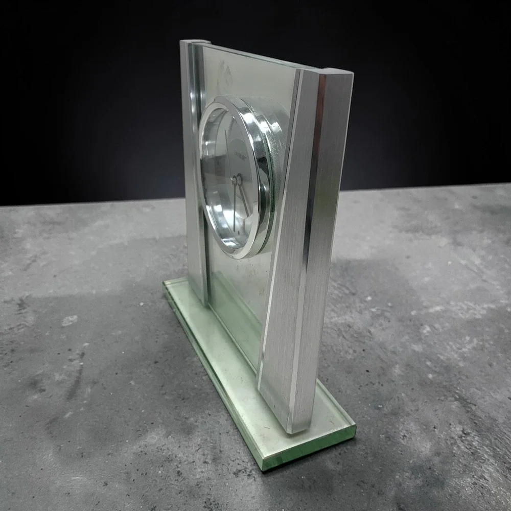 Vintage Y2K Danbury Mint Art Deco Clock Glass Brushed Silver Tone Mantel Shelf